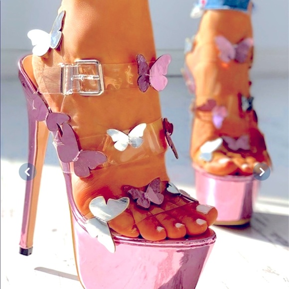 Metallic Pink, Silver, and Clear, High Heel Stilettos with Butterfly Accents. - Picture 4 of 5